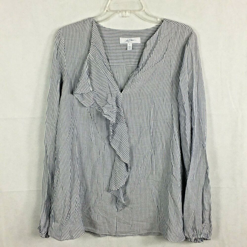 Libby Edelman Shirt Womens Sz S Navy Blue White Striped Long Sleeve‎ Blouse